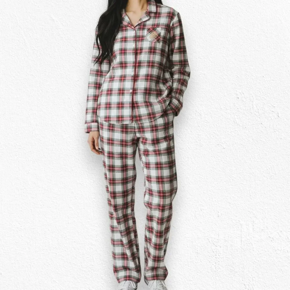 Lauren Ralph Lauren Ivory Red Green Tartan Plaid Fleece Pajama Set Size XL NWT